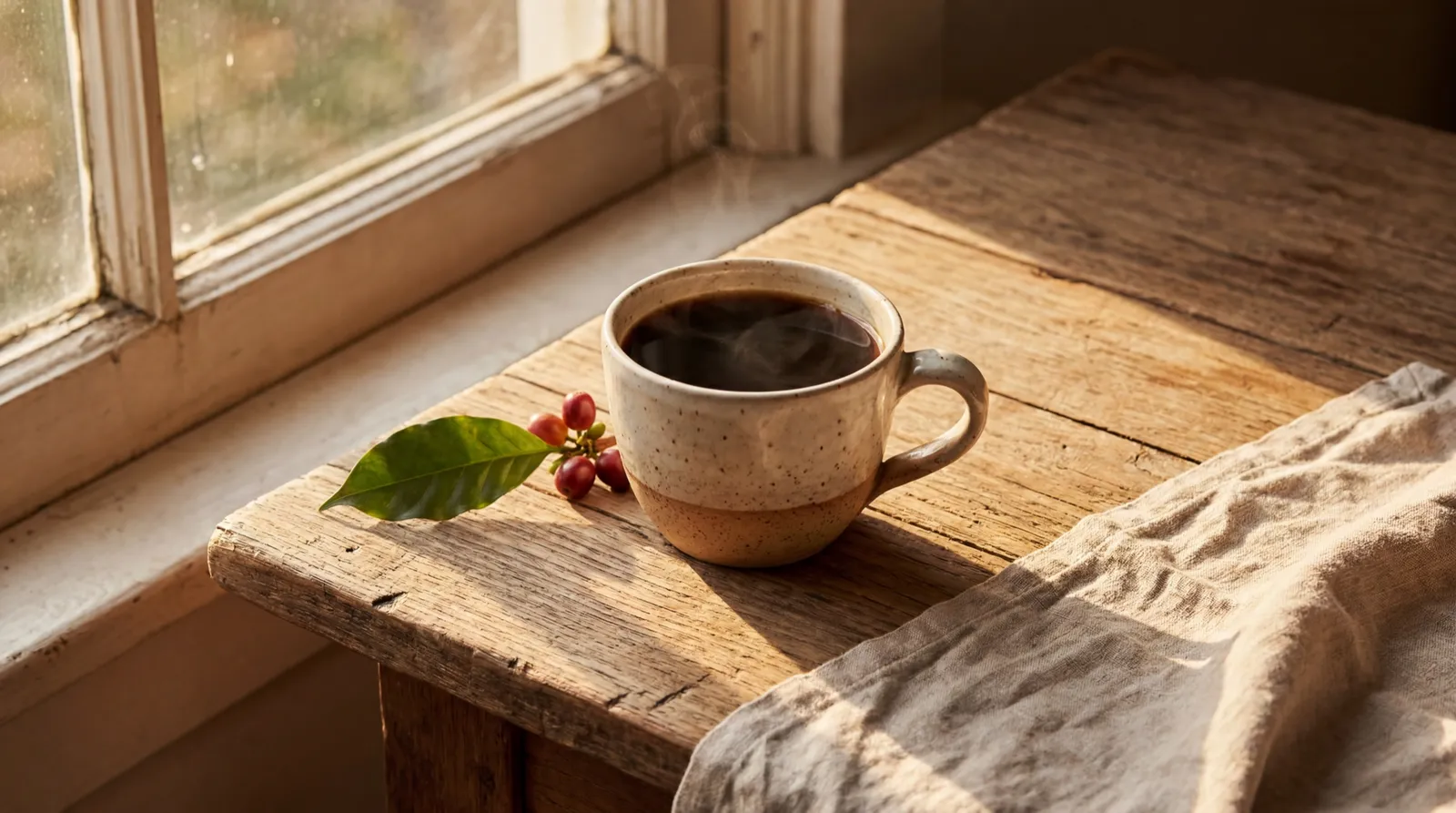 Taza de cerámica artesanal con café humeante